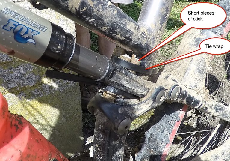 Temporary fix for broken rear shock. The Findon Gentlemen's Cycling Club